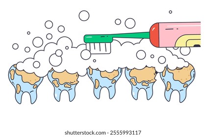 Cleaning tooth with toothbrush and toothpaste dental health. Vector flat graphic design element concept illustration