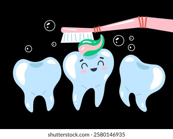 Cleaning tooth with toothbrush and toothpaste dental health. Vector flat graphic design element concept illustration	