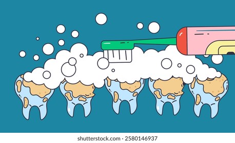 Cleaning tooth with toothbrush and toothpaste dental health. Vector flat graphic design element concept illustration	