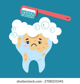 Cleaning tooth with toothbrush and toothpaste dental health. Vector flat graphic design element concept illustration