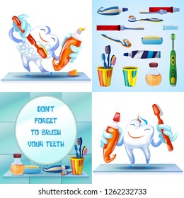 Cleaning toothbrush banner set. Cartoon illustration of cleaning toothbrush vector banner set for web design