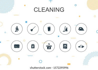 Cleaning trendy Infographic template. Thin line design with broom, trash can, sponge, dry cleaning icons