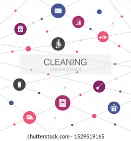 Cleaning trendy web template with simple icons. Contains such elements as broom, trash can, sponge, cleaning