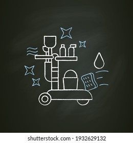 Icono de tiza de carro de limpieza. Diferentes herramientas de limpieza. Camión con cubo, detergentes. El concepto de servicio de limpieza. Ilustración vectorial aislada en pizarra