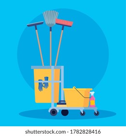 cleaning trolley with equipment icons vector illustration design