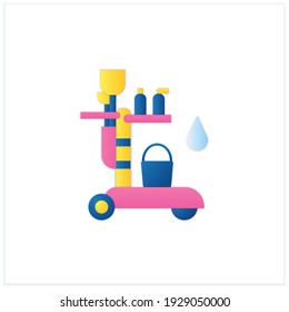 Icono de limpieza de carrito plano. Diferentes herramientas de limpieza. Camión con cubo, detergentes. El concepto de servicio de limpieza. 3.ª ilustración vectorial