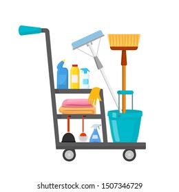 Cleaning Trolley Flat Vector Illustration. Service Cart With Cleaners, Detergents Powder, Liquid Soap, Chemicals Bottles Isolated Clipart On White Background. Housekeeper Tools And Equipment