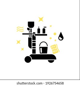 Cleaning trolley glyph icon. Different cleaning tools . Truck with bucket, detergents. Cleaning service concept. Filled flat sign. Isolated silhouette vector illustration