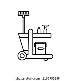 Cleaning Trolley Line Icon. Cleaning Service Cart. Bucket, Broom, Detergent, Sponge, Rag, Sanitizer. Black Outline On White Background. Janitors Equipment. Disinfection. Vector Illustration, Clip Art.