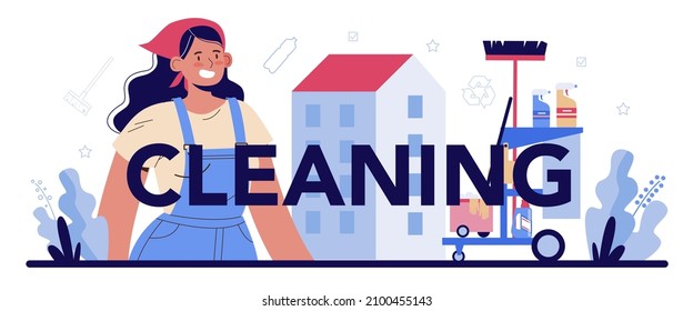 Cleaning typographic header. Cleaning staff with special equipment. Janitor worker cleaning street and sorting garbage. Flat vector illustration