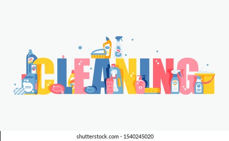 Cleaning typography vector illustration. Flat style cover for brochure or booklet, household products, cleanup tools and washing liquids. Professional cleaning service advertisement flyer