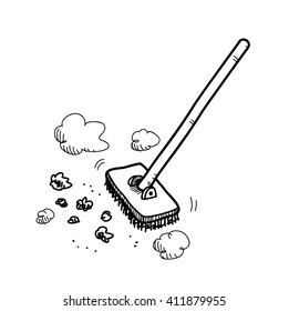 Cleaning Up, a hand drawn vector doodle illustration of a floor brush cleaning up the dirt and stuff.