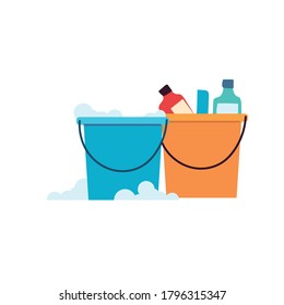 Cleaning utensils in bucket on white background vector illustration design