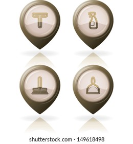 Cleaning utensils and objects, from left to right: Squeegee, Window spray, Brush, Scoop. 