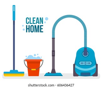 Cleaning with vacuum cleaner, mop and bucket of water. Flat style vector illustration.