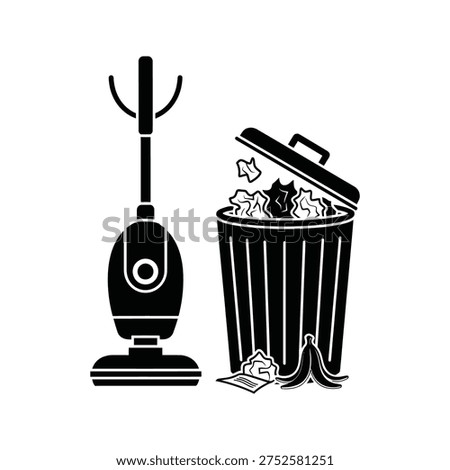 Cleaning up with a vacuum and trash can, a tidy space awaits your attention now. Vector