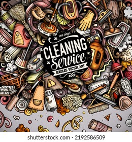 Cleaning vector doodles frame. Cleanup border design. Clean elements and objects cartoon background. Bright colors funny picture