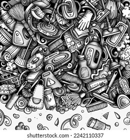 Cleaning vector doodles frame. Cleanup border design. Clean elements and objects cartoon background. Monochrome funny picture