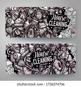 Cleaning vector hand drawn doodle banners design. Monochrome cartoon background. Housekeeping 2 flyers templates set.
