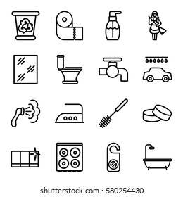 Cleaning vector icons. Set of 16 Cleaning outline icons such as recycle bin, do not disturb, tap, window, shower, toilet, toilet brush, bottle soap, car wash, clean window