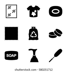 Cleaning vector icons. Set of 9 Cleaning filled icons such as Soap, soap, plunger, carpet, window, dust brush, trash bag, dirty laundry
