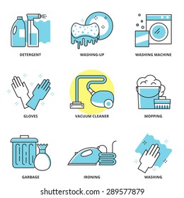 Cleaning vector icons set: detergent, washing-up, washing machine, gloves, vacuum cleaner, mopping, garbage, ironing, wash. Modern line style