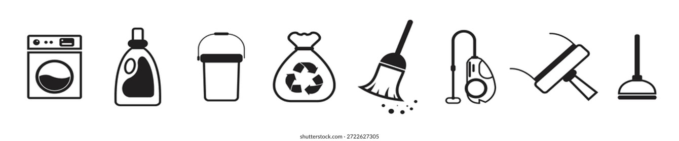 Cleaning vector icons. set of home cleaning tools or items black silhouette design, mop broom bucket laundry bundle logo icon vector illustration.