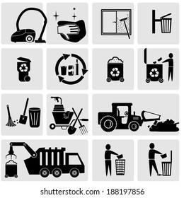 Cleaning vector icons set on gray.Garbage vector icons