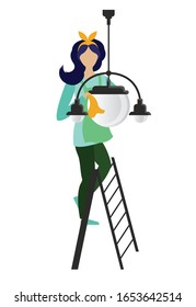 Cleaning. Vector illustration. The concept of ecological lifestyle. Cleaning of office, apartment, premises cleanliness. The girl washes a chandelier. Cartoon character.