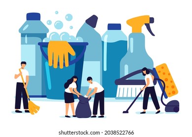 Cleaning vector illustration concept Professional hygiene service for domestic households Group of people making cleanup of room Sanitary chemical products for laundry, floor, kitchen and toilet