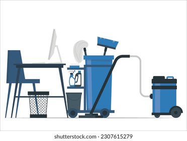 Cleaning vector illustration. Flat dust and dirt washing persons concept. Professional hygiene service for domestic households. Sanitary chemical products for laundry, floor, kitchen and toilet.