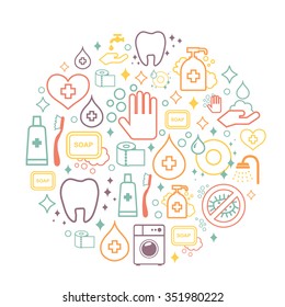 Cleaning vector illustration -  vector line  template made with hygiene tools signs or symbols. Soap, Toothpaste, shower