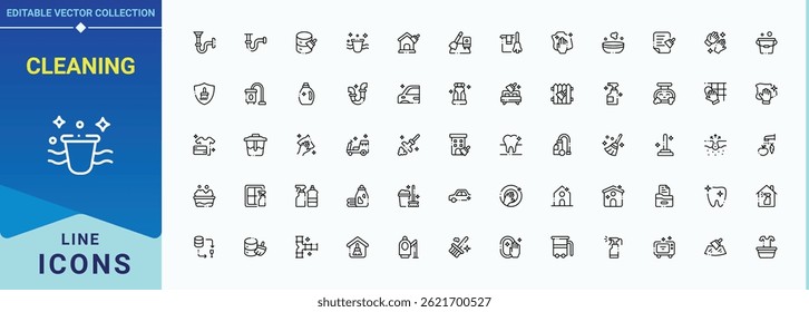 Cleaning vector line icon set. Hygiene icon. Contains such symbols as house sweep, wash, hygiene, housekeeping, clean and more. Pixel perfect. Vector illustration.