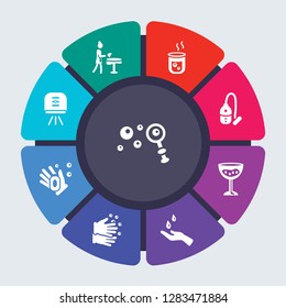 cleaning vector template for infographics. Business concept with 9 options, steps, parts, segments. Banner infographic cycling diagram, round chart, Hygroscopic, Housekeeping, Hot water icons