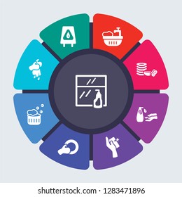 cleaning vector template for infographics. Business concept with 9 options, steps, parts, segments. Banner infographic cycling diagram, round chart, Window cleaner, Wet floor, Water soak icons