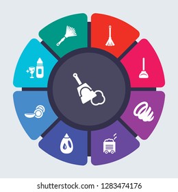 cleaning vector template for infographics. Business concept with 9 options, steps, parts, segments. Banner infographic cycling diagram, round chart, Dustpan, Dusting, Duster, Dust pan, icons