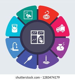 cleaning vector template for infographics. Business concept with 9 options, steps, parts, segments. Banner infographic cycling diagram, round chart, Glass cleaning, cleaner icons
