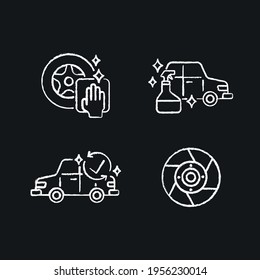 Cleaning vehicle chalk icons set. Car wash. Thin line customizable illustration. Contour symbol. Vector isolated outline drawing.