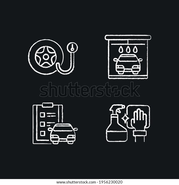 Cleaning vehicle chalk icons set. Car wash. Thin\
line customizable illustration. Contour symbol. Vector isolated\
outline drawing.