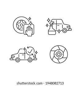 Cleaning vehicle linear icons set. Car wash. Thin line customizable illustration. Contour symbol. Vector isolated outline drawing. Editable stroke