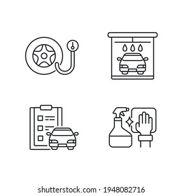 Cleaning vehicle linear icons set. Car wash. Thin line customizable illustration. Contour symbol. Vector isolated outline drawing. Editable stroke