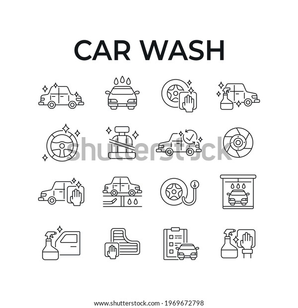 Cleaning vehicle linear icons set. Car\
wash. Thin line customizable illustration. Contour symbol. Vector\
isolated outline drawing. Editable\
stroke
