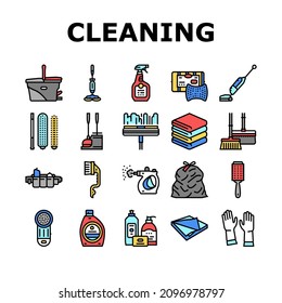 Cleaning And Washing Accessories Icons Set Vector. Vacuum Cleaner And Clothes Cleaning Electronic Equipment, Scoop And Broom, Napkin And Towel For Clean Window Line. Color Illustrations