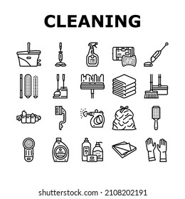 Cleaning And Washing Accessories Icons Set Vector. Vacuum Cleaner And Clothes Cleaning Electronic Equipment, Scoop And Broom, Napkin And Towel For Clean Window Black Contour Illustrations