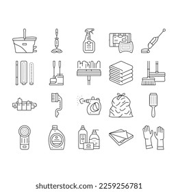 Cleaning And Washing Accessories Icons Set Vector. Vacuum Cleaner And Clothes Cleaning Electronic Equipment, Scoop And Broom, Napkin And Towel For Clean Window Black Contour Illustrations