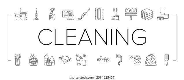 Cleaning And Washing Accessories Icons Set Vector. Vacuum Cleaner And Clothes Cleaning Electronic Equipment, Scoop And Broom, Napkin And Towel For Clean Window Black Contour Illustrations