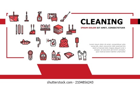 Cleaning And Washing Accessories Landing Web Page Header Banner Template Vector. Vacuum Cleaner Clothes Cleaning Electronic Equipment, Scoop And Broom, Napkin And Towel For Clean Window Illustration