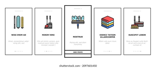 Cleaning And Washing Accessories Onboarding Mobile App Page Screen Vector. Vacuum Cleaner And Clothes Cleaning Electronic Equipment, Scoop And Broom, Napkin And Towel For Clean Window Illustrations