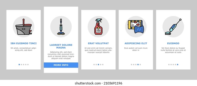 Cleaning And Washing Accessories Onboarding Mobile App Page Screen Vector. Vacuum Cleaner And Clothes Cleaning Electronic Equipment, Scoop And Broom, Napkin And Towel For Clean Window Illustrations