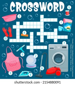 Cleaning and washing appliance and items vector crossword worksheet. Find a word quiz game, household chores grid puzzle with washing machine, vacuum, iron, apron and gloves, sponge and plates